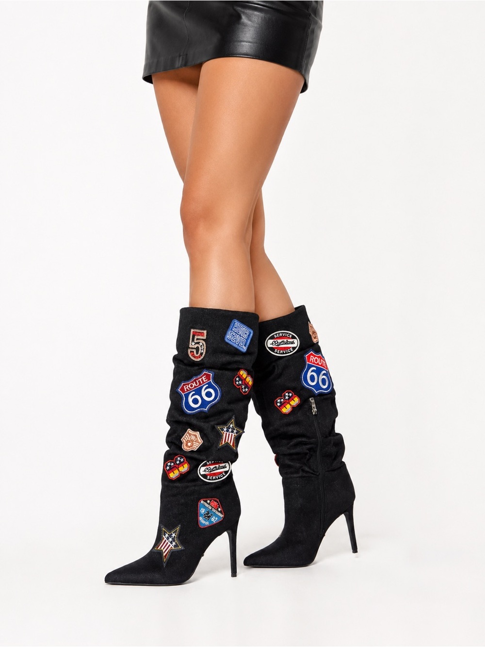 NIB Patchwork Route 66 Slouch Stiletto Knee-High Boots – Black Multi